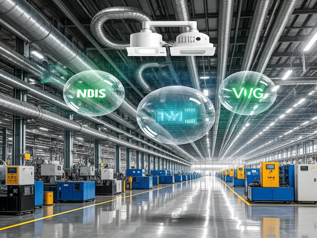 Industrial air filters with brand logos in a high-tech facility