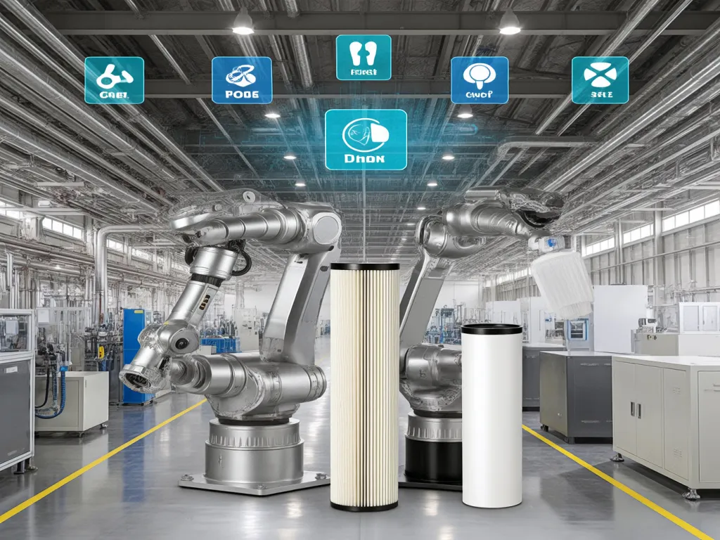 Industrial robots with filter bags in a factory