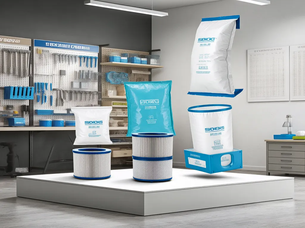 Display of shop vac filter bags and related products