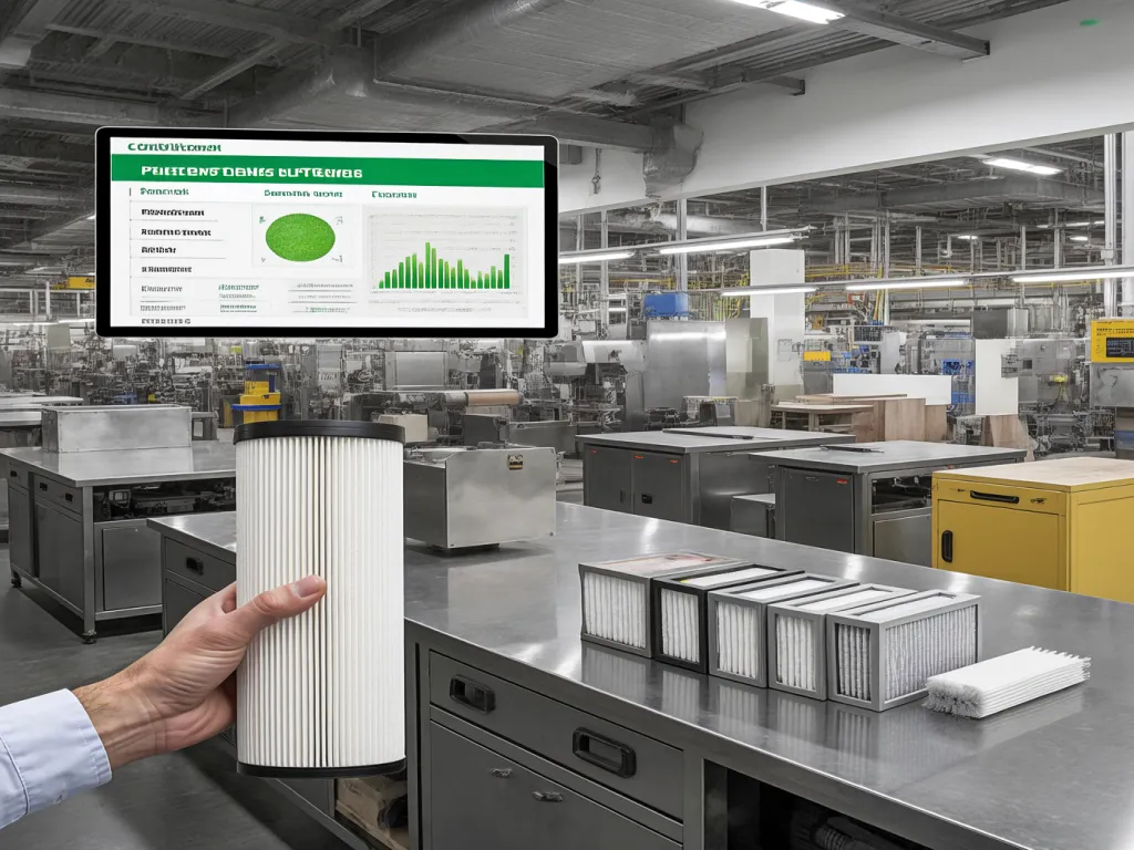 Displaying a shop vac HEPA filter bag in a factory setting