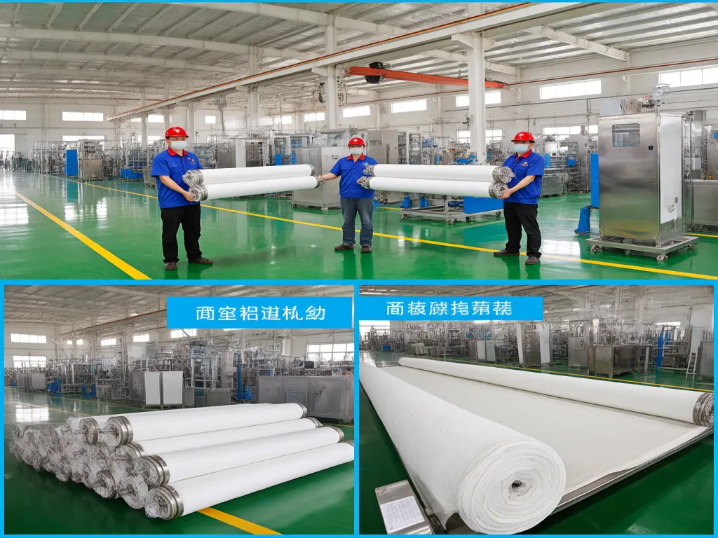 Factory workers handling large rolls of filter bag material