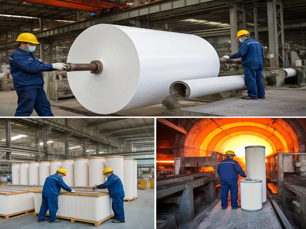 Workers operating machinery for dust collector filter bags