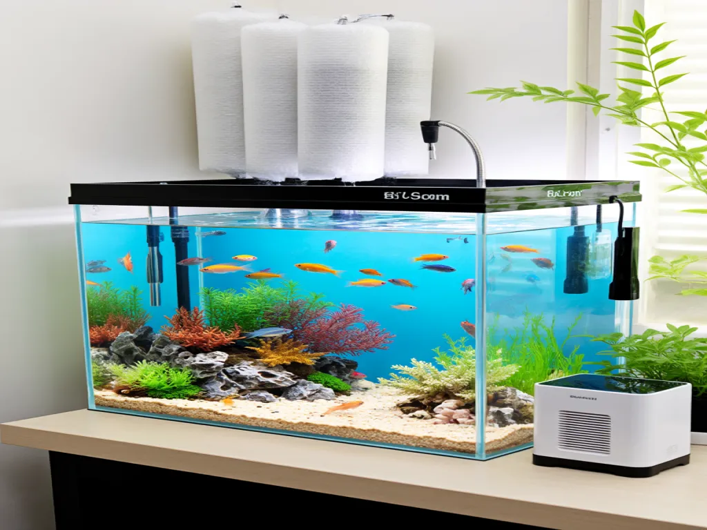 Aquarium with filter bags and healthy fish