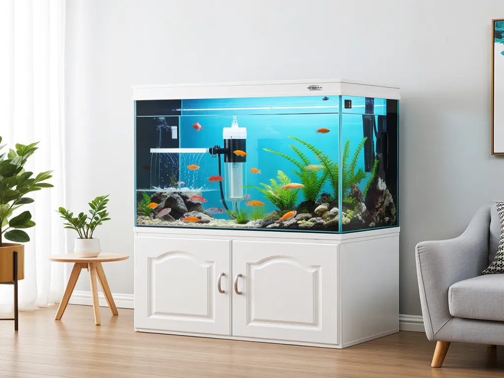 Home aquarium with filter bags and vibrant fish