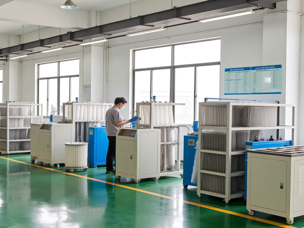 A factory worker operates machinery with filter systems
