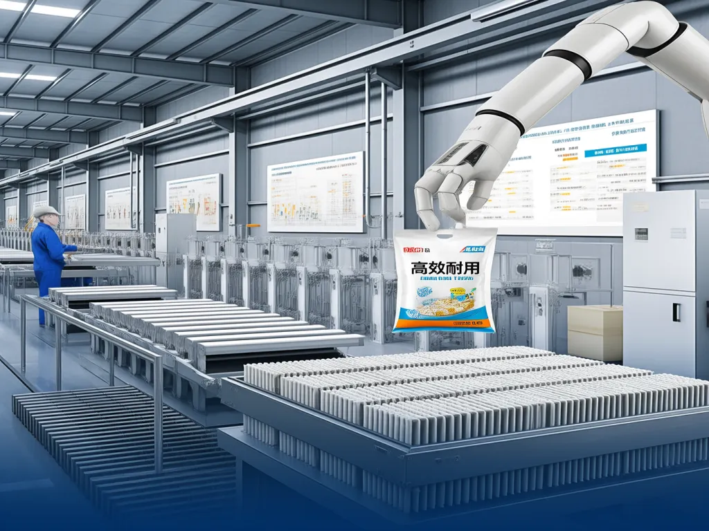 A robotic arm holds a vacuum filter bag in a factory