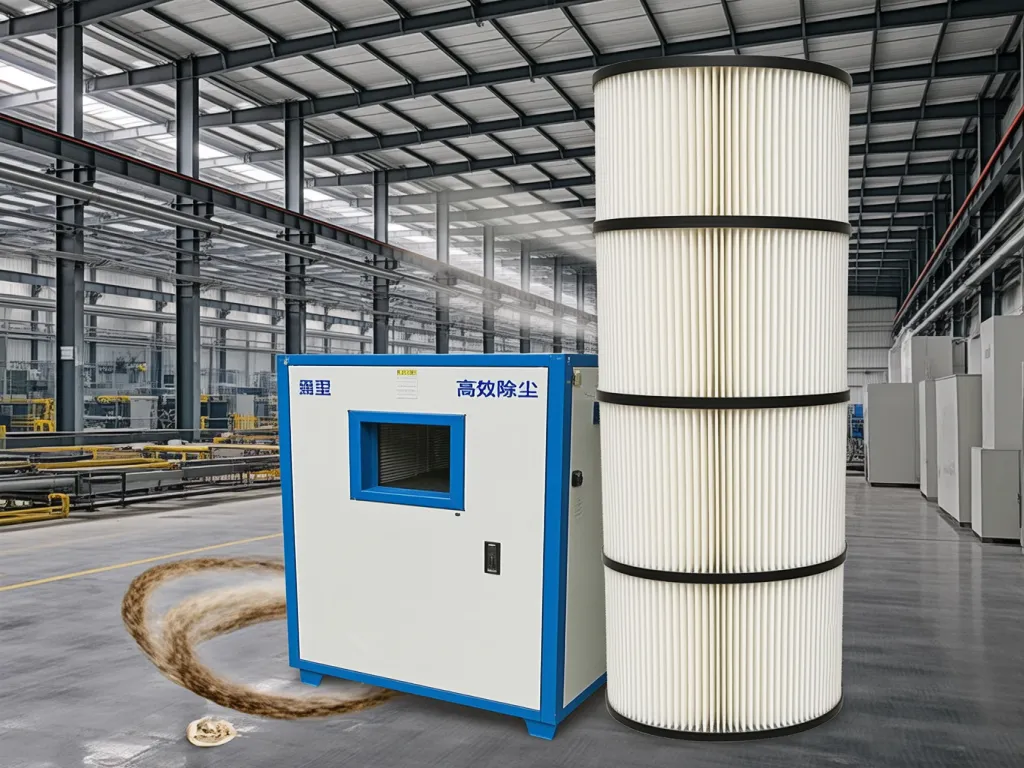 Dust collector with filter bags in an industrial environment
