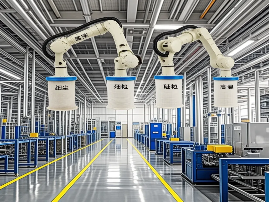 Industrial dust collection filter bags in a factory setting