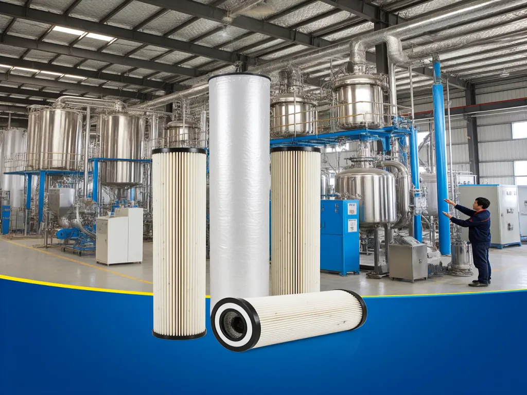 Industrial 5 micron filter bags in a factory