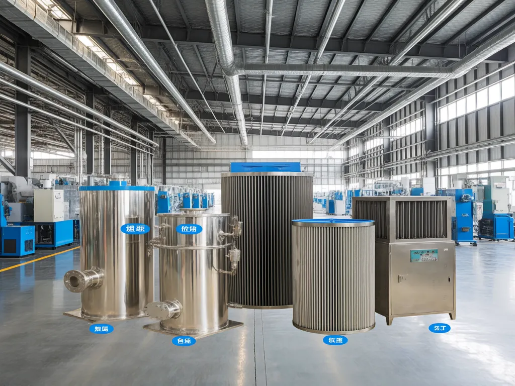 Components of filter bag house systems in an industrial warehouse