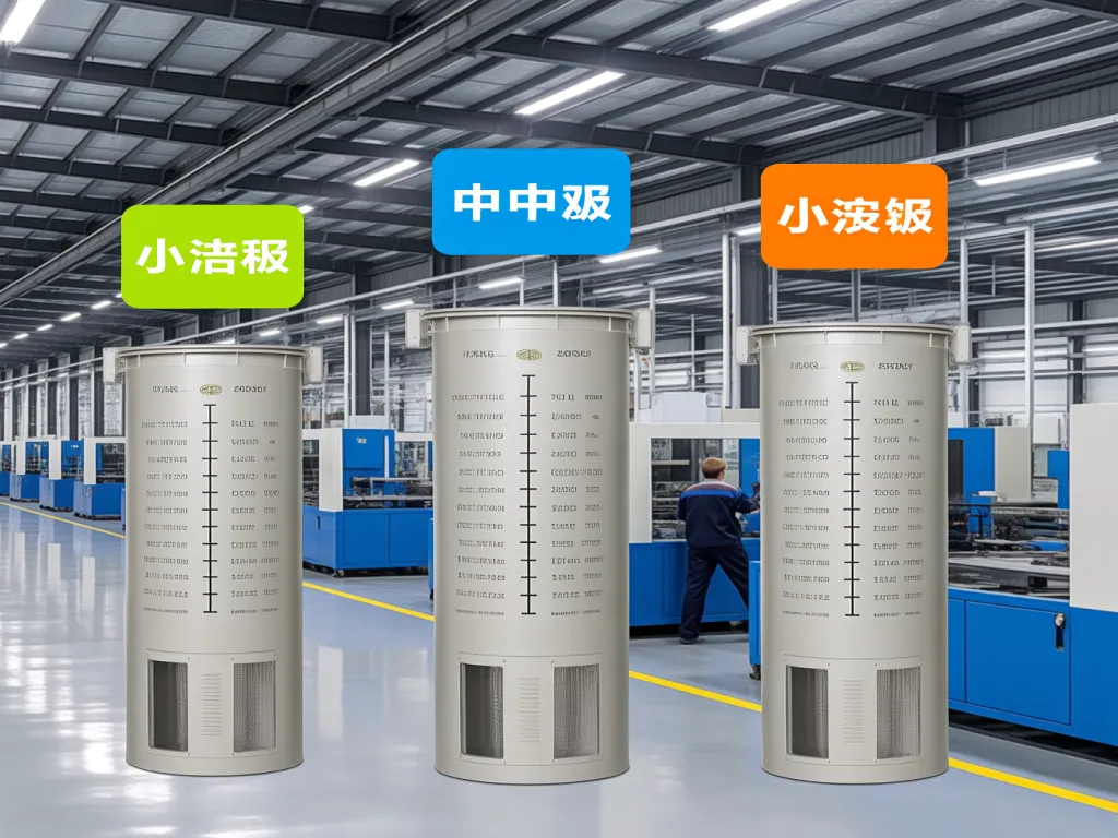 Three different models of bag filter dust collectors in a factory
