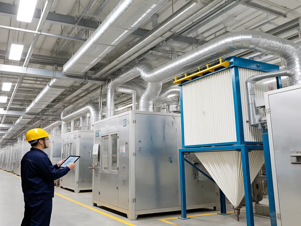 A worker inspects an industrial bag filter dust collector in a factory