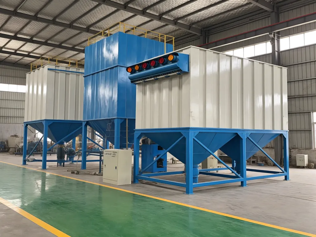 A large capacity bag filter dust collector unit in an industrial setting