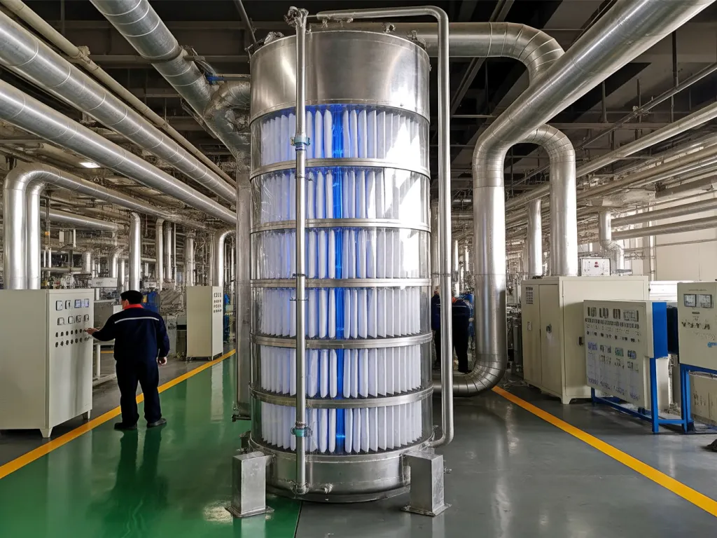 Industrial setup with a large bag filter housing in operation