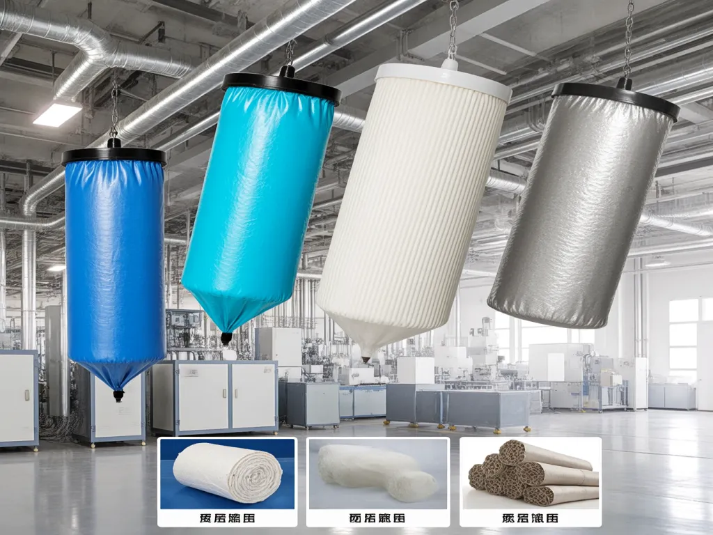 Different types of bag filter elements in a factory