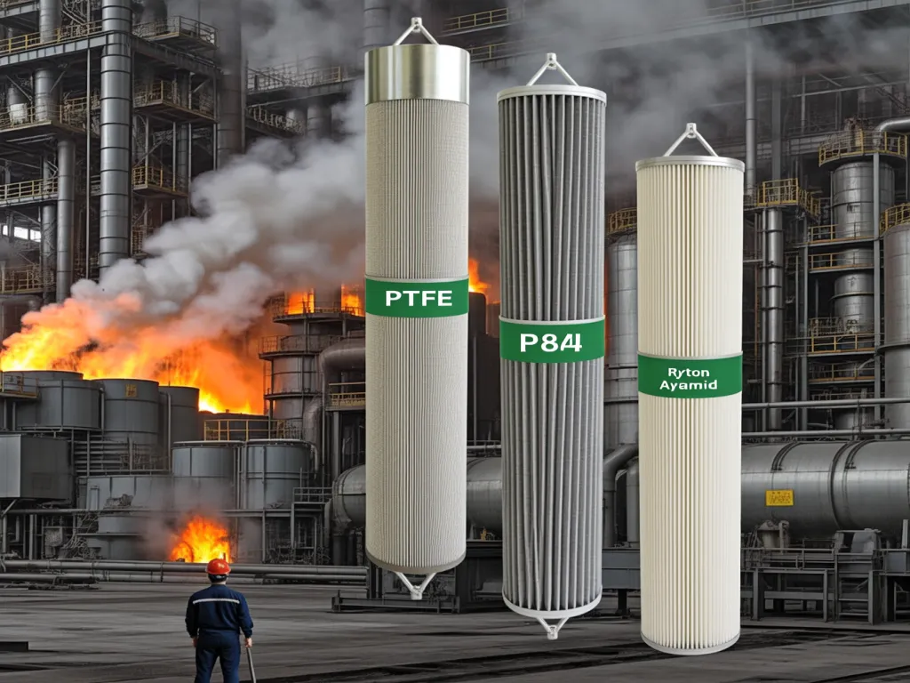 Bag filters with industrial background and fire