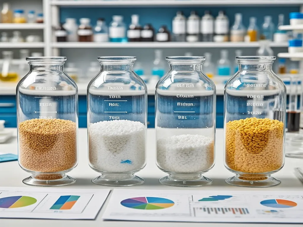 Samples of filter materials in glass jars