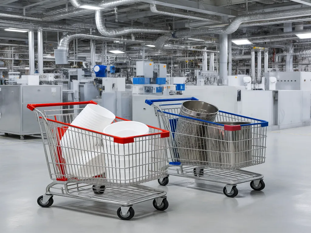 Shopping carts with industrial filters in a factory