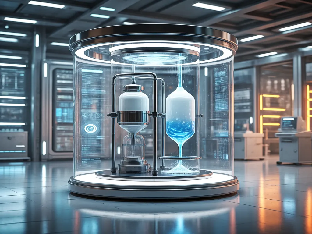 3D visualization of a bag filter system with liquid processing inside a transparent chamber