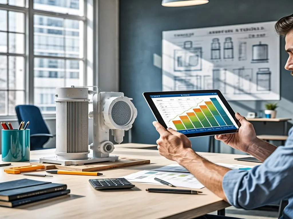 Engineer analyzing filter bag trade size data on a tablet with graphs and charts.