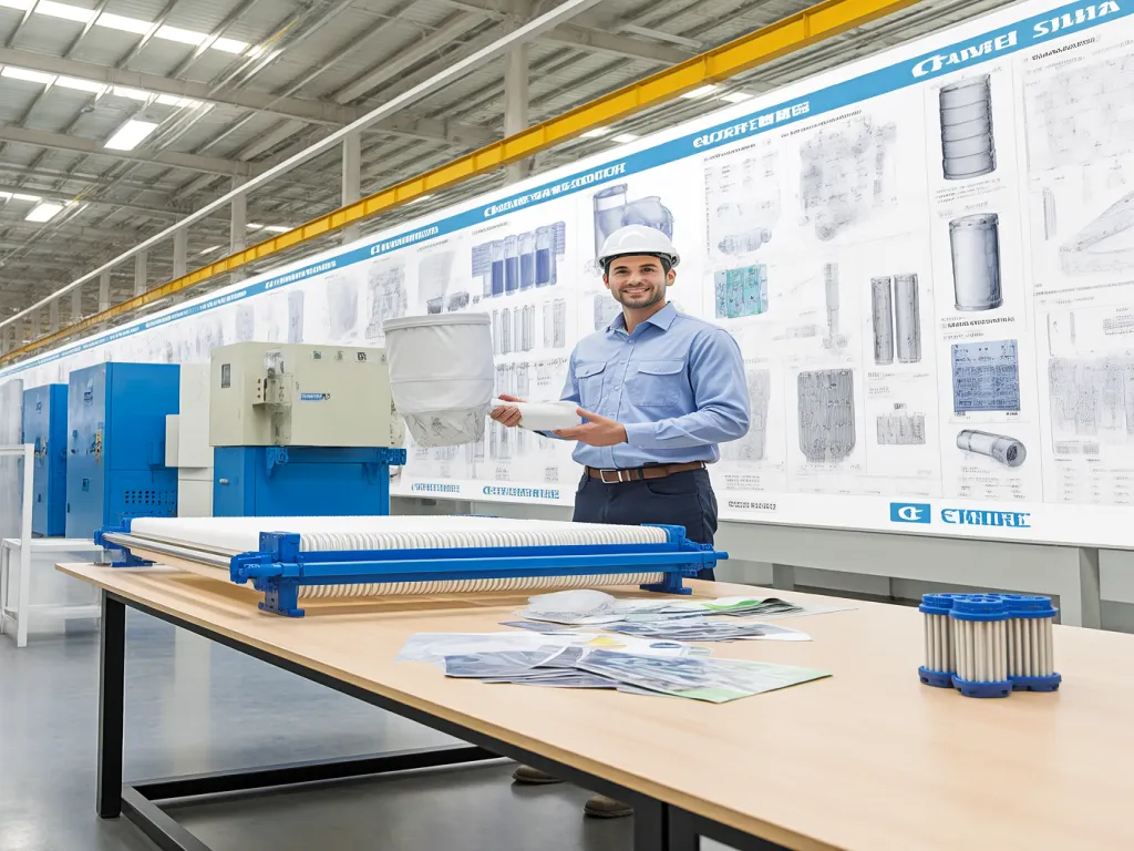 Engineer holding filter bag with size chart in background