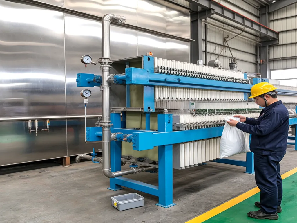 Worker operating filter bag machine with size reference
