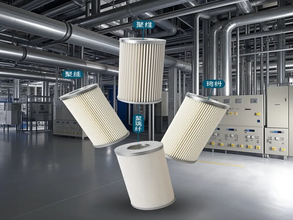 Close-up of different filter bag materials in an industrial environment
