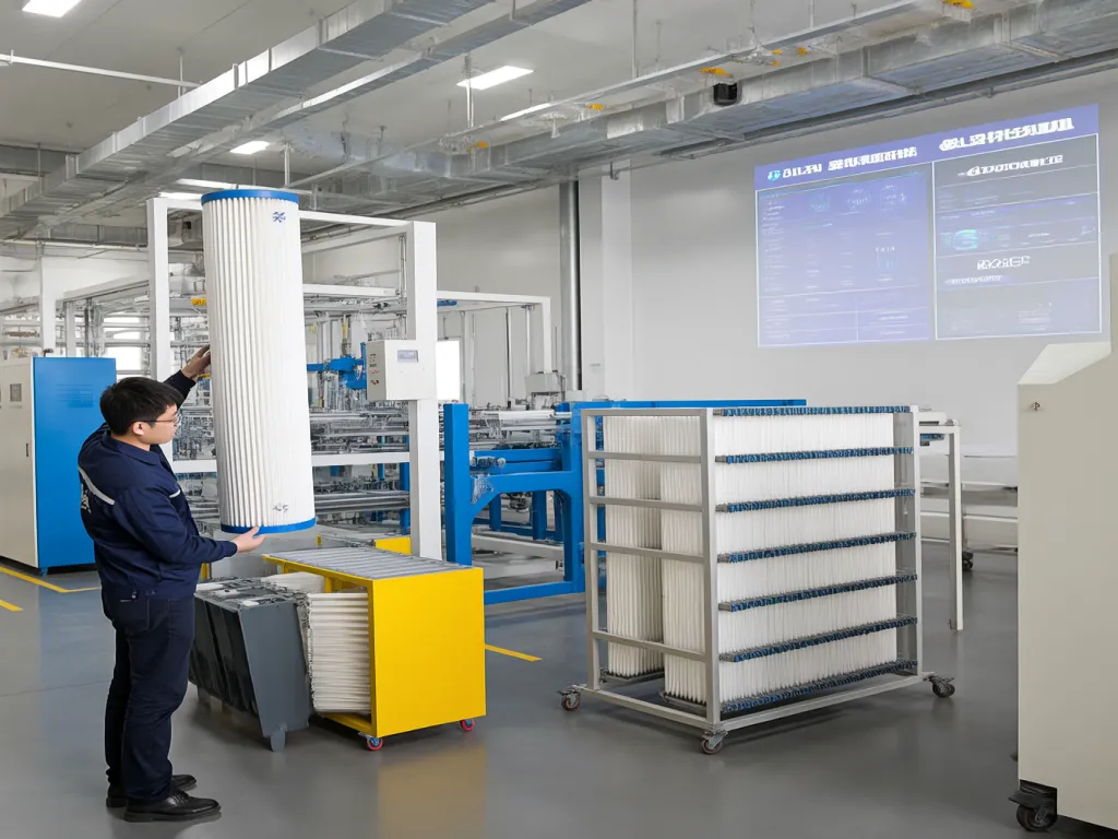 Worker inspecting filter bags in a modern production facility with trade size variations.