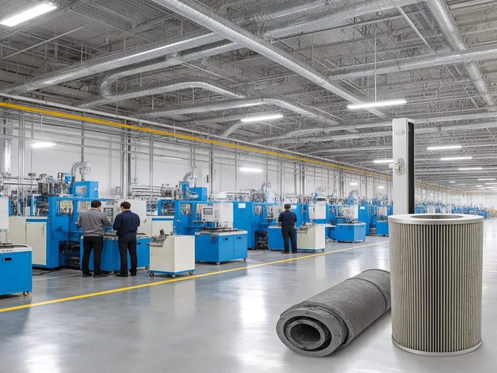 Industrial factory setting with filter bags showcasing different sizes