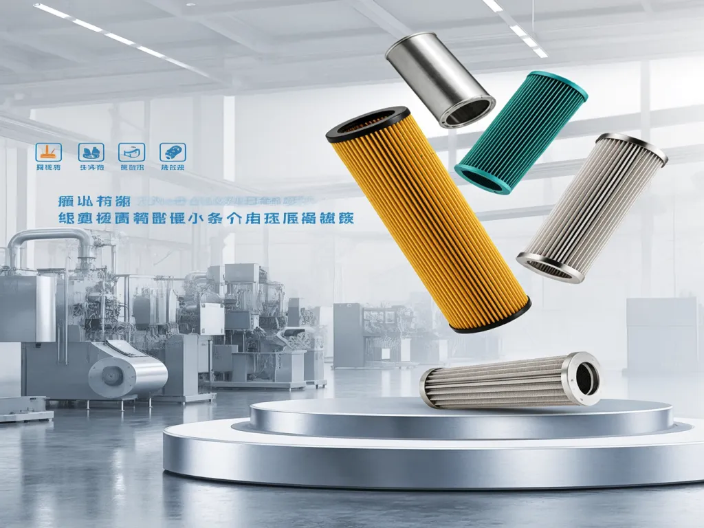 Various industrial filter bags displayed in a factory setting