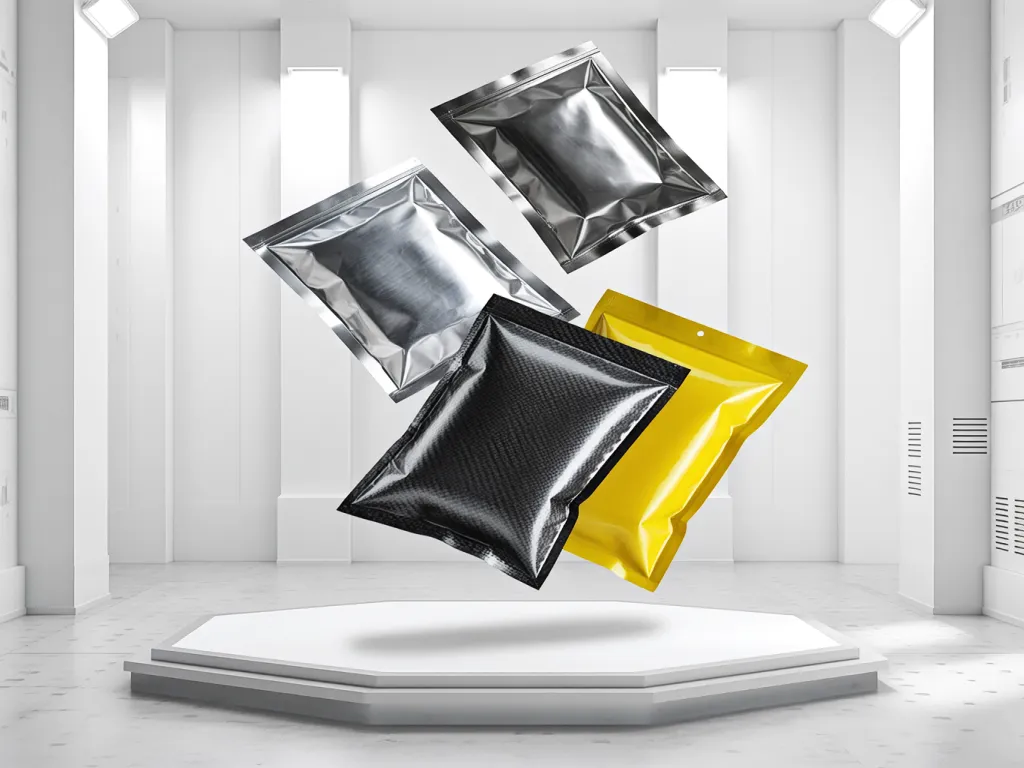 Floating industrial filter bags in silver, black, and yellow colors