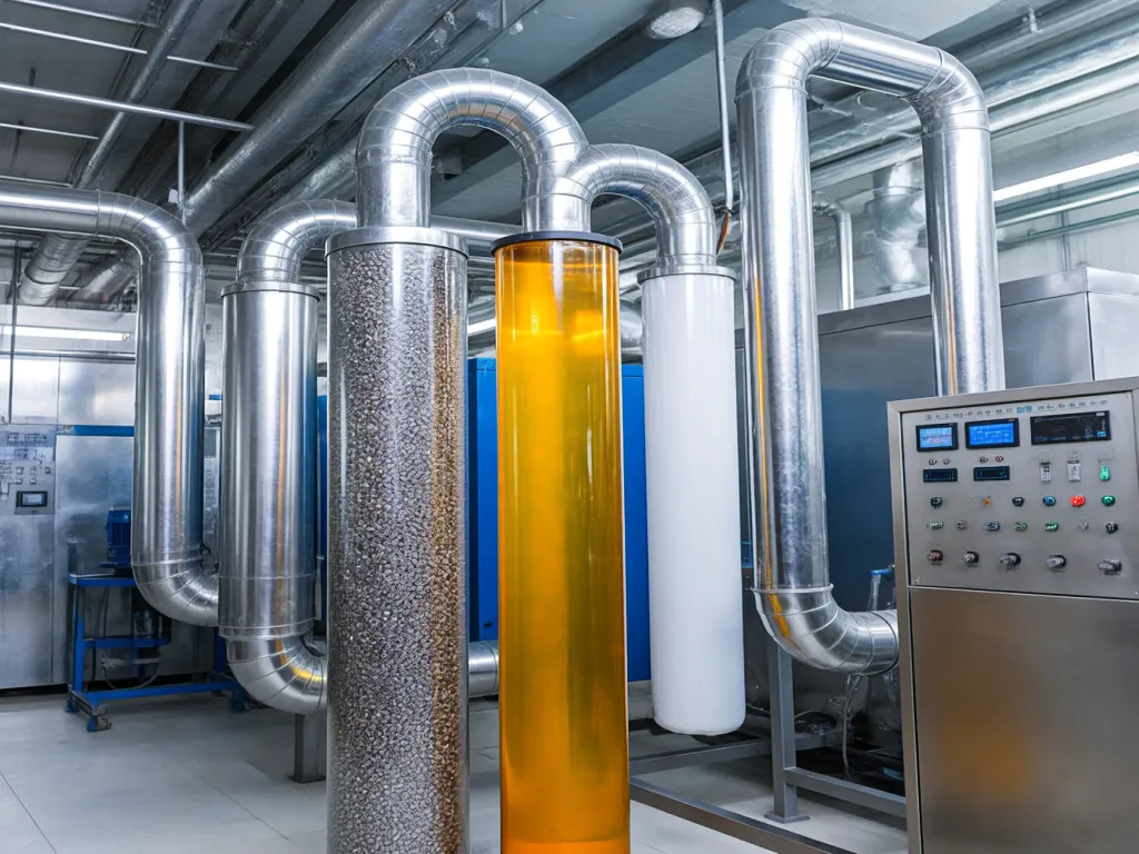 Industrial filter system with pipes and control panel for various filter bag trade sizes.