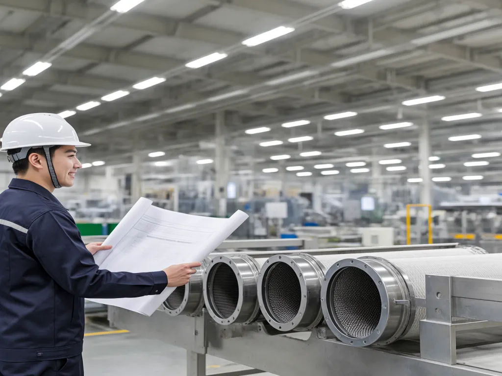 Industrial worker checking filter bag housing in factory