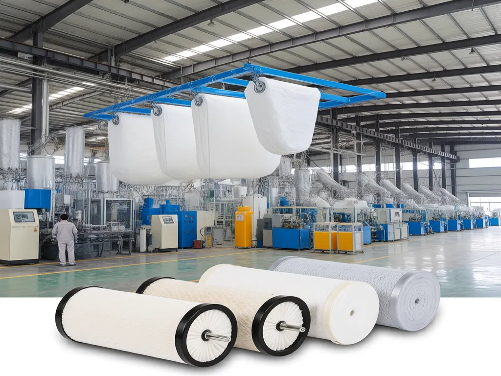 Filter bags in various stages of the manufacturing process