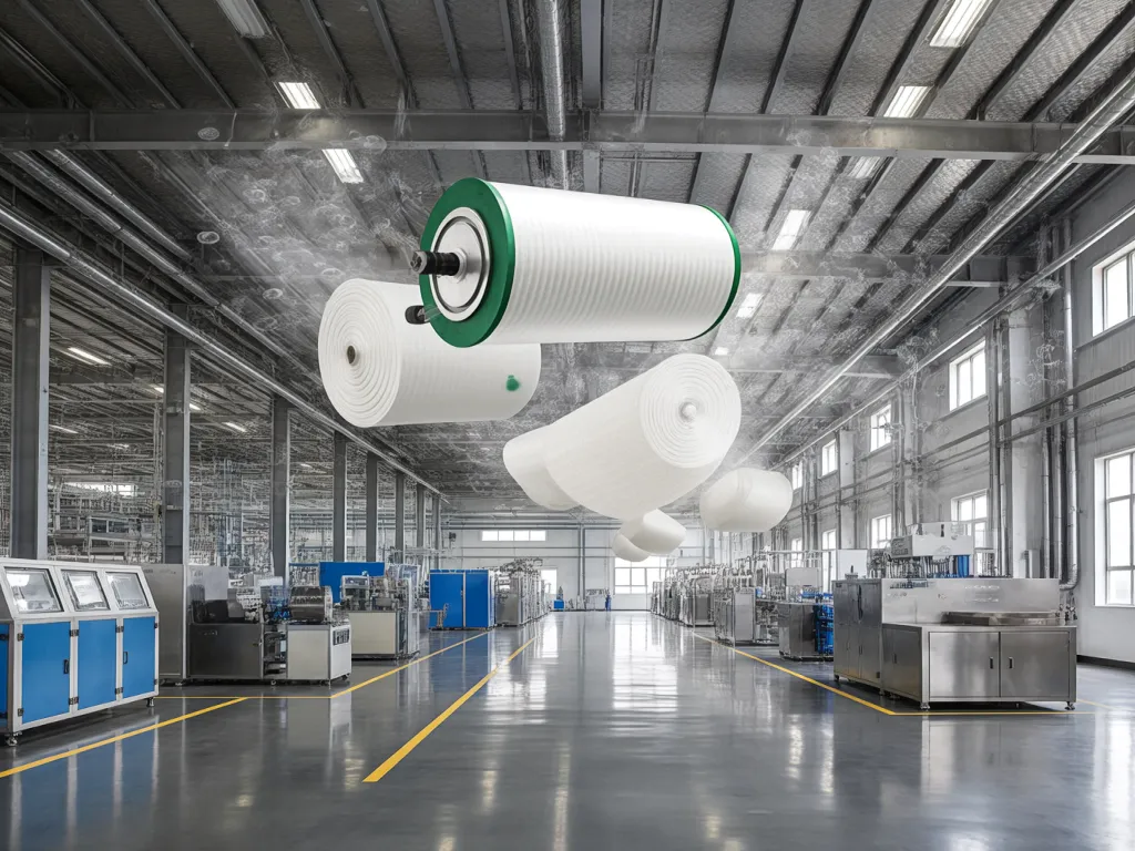 Rolls of filter bag materials in a manufacturing facility