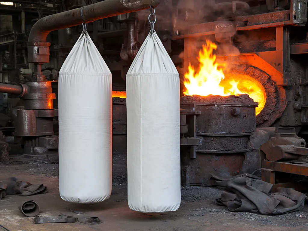 Filter bags near an industrial furnace with visible flames