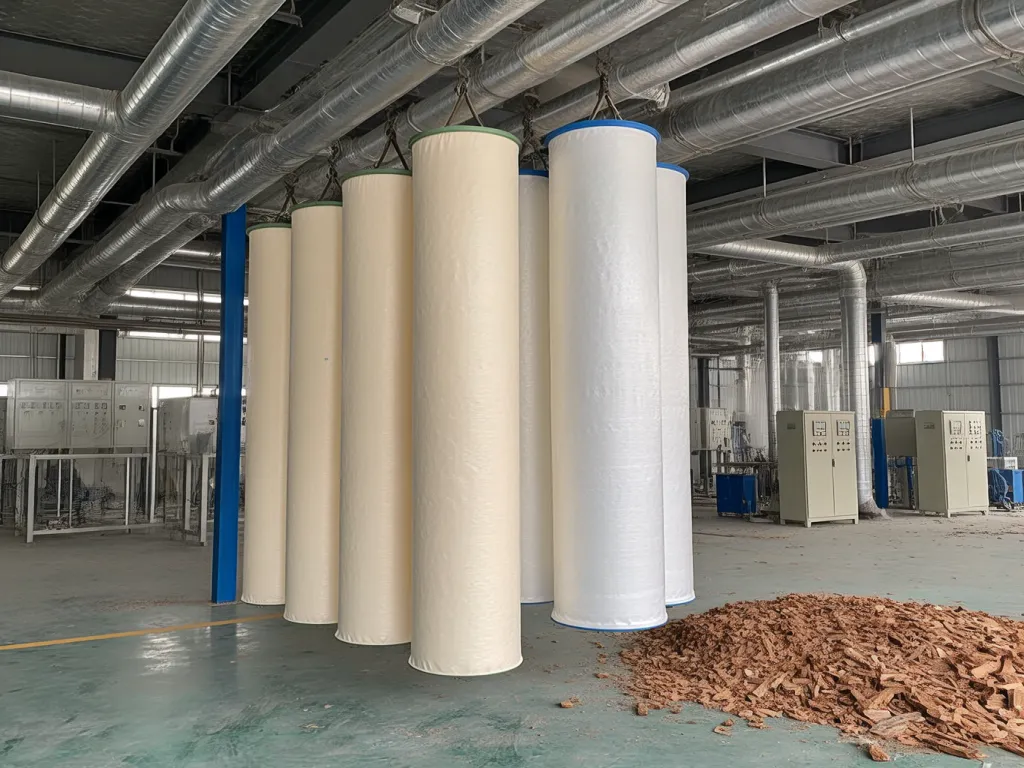 Hanging filter bags during production in an industrial plant