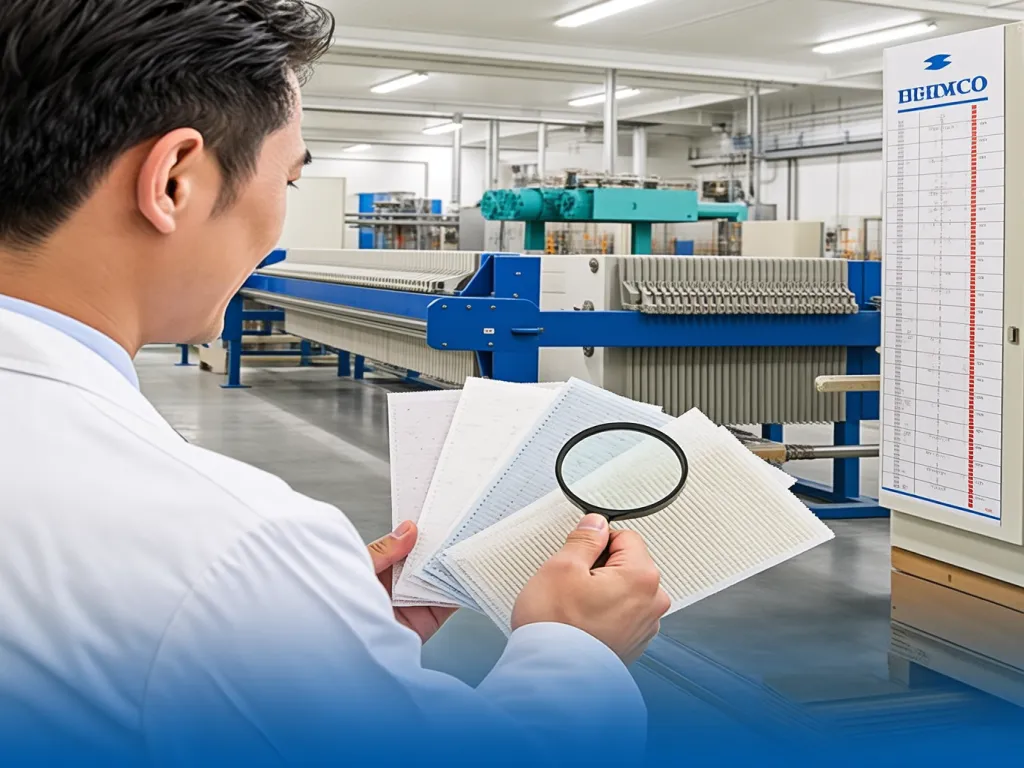 A technician inspecting filter bags in a factory
