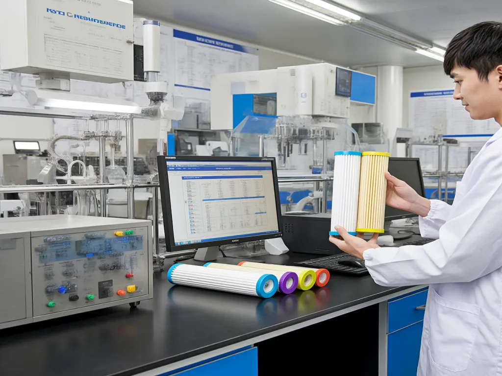 Technician inspecting filter bags in laboratory