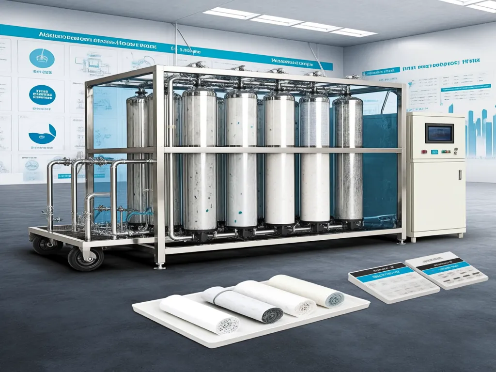 Filter bags for water treatment displayed with industrial machine
