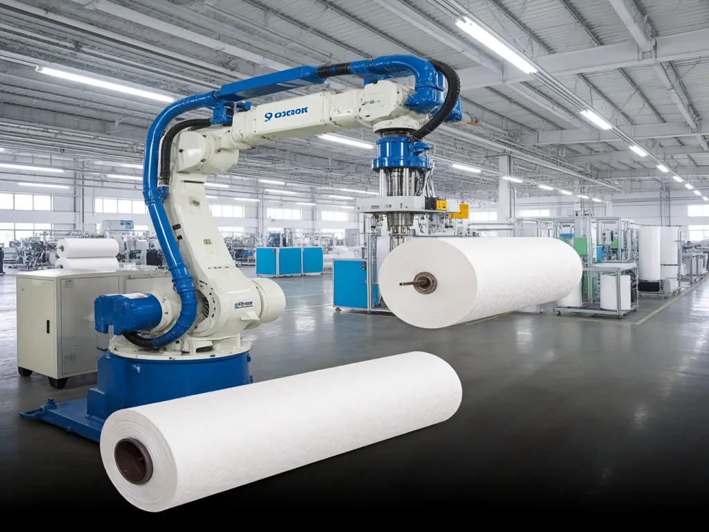 Automated robotic arm producing large rolls of filter bag material