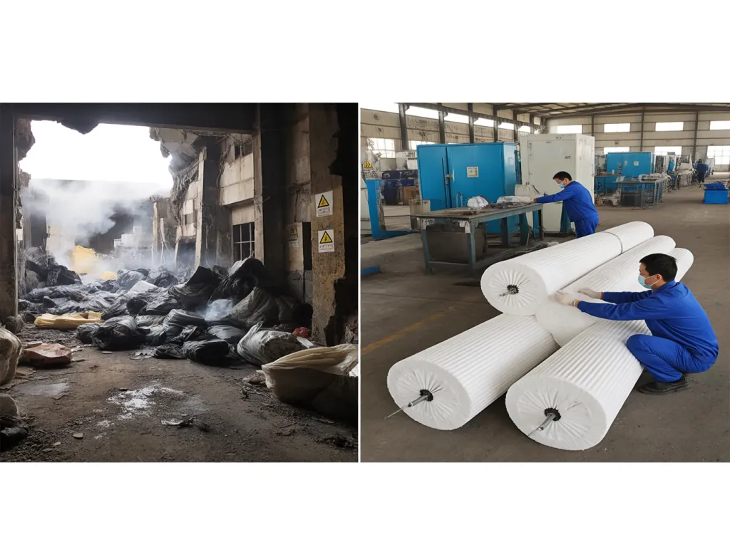 Split image showing raw material area and worker inspecting filter bags