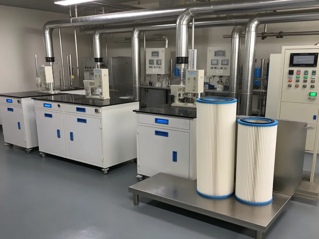 Industrial filter bags placed on equipment in a clean laboratory