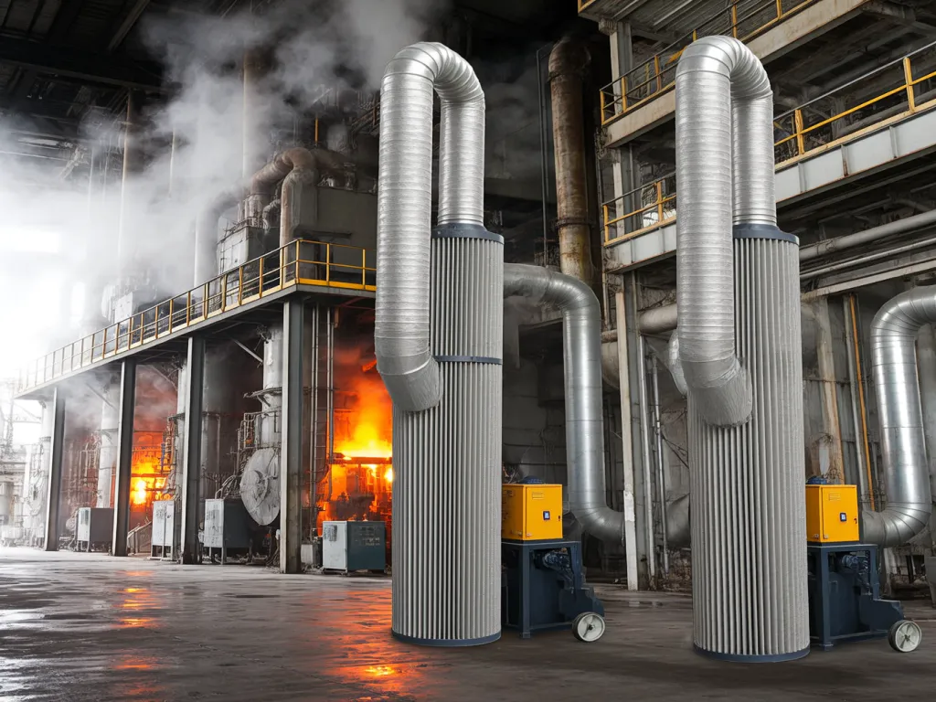 Industrial filter bags in use in an industrial environment with visible dust collection