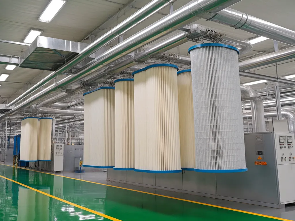 Installed industrial filter bags in a clean factory setting