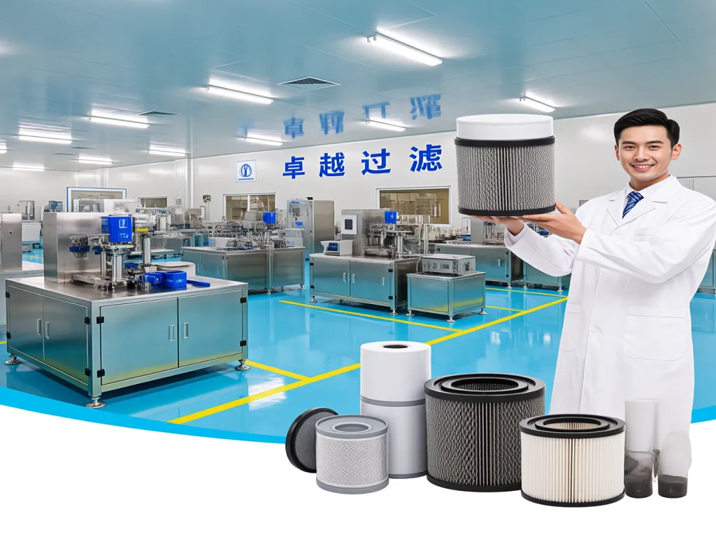 A supplier showcasing industrial filter bags in a clean factory