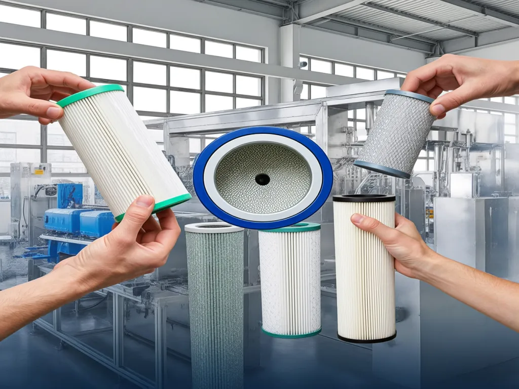 Various industrial filter bags for dust collection held by hands