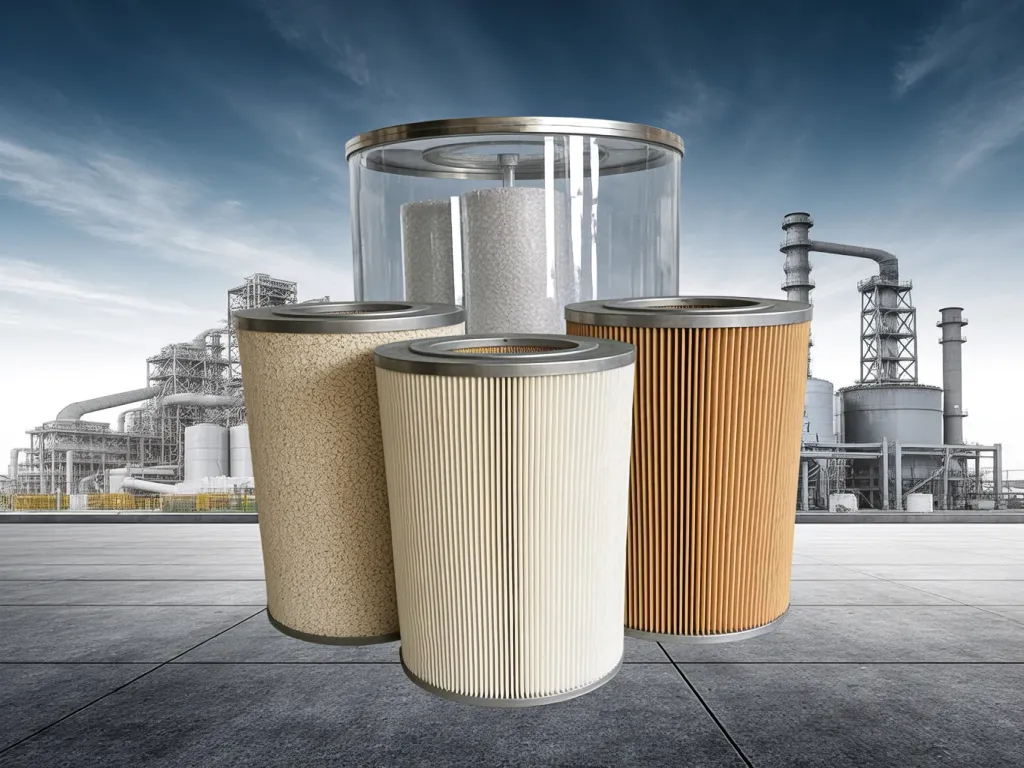 Various types of industrial filter bags with industrial plants in the background