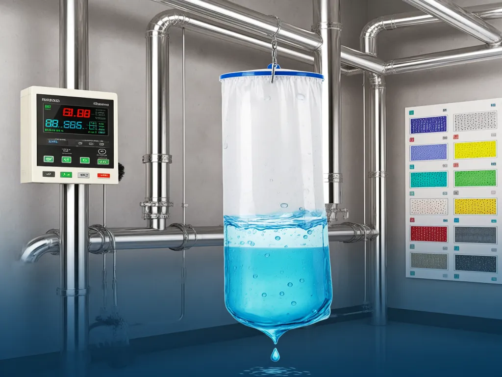 Industrial filter bag in a water treatment system with monitoring equipment