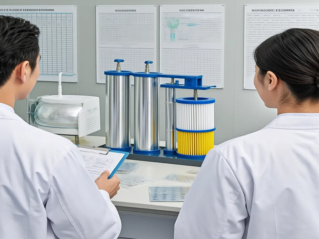 Lab technicians testing industrial filter bags for water treatment